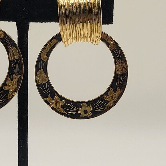 Vintage Givenchy Spanish Damascene Bird Flower Dangle Clip on earrings - Picture 5 of 16